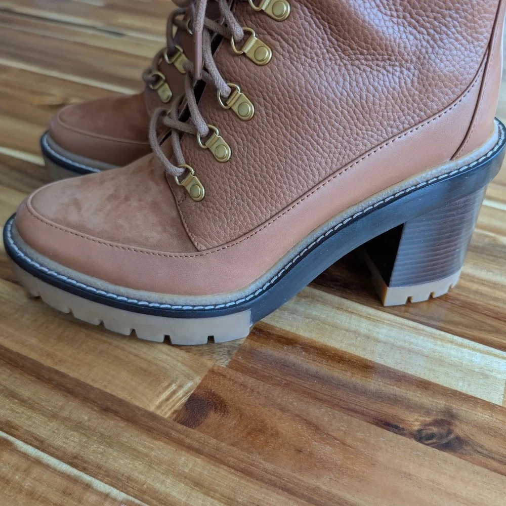 Tory Burch Miller Lug Sole Ankle Boots Brown Pebbled Leather Tan‎ Size 7.5